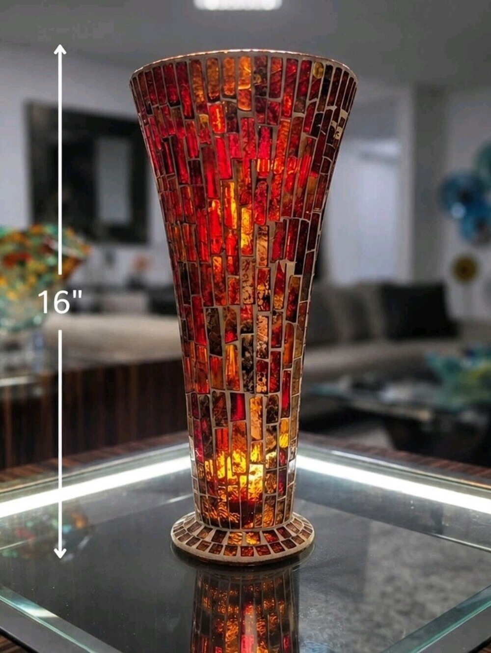 Moroccan Mosaic Glass Floor Vase Red Amber Art Glass Trumpet 16 Inch Decor